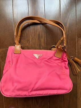 Prada Coral Pink Nylon Shoulder Bag w: Brown Leather Trim & Tassels